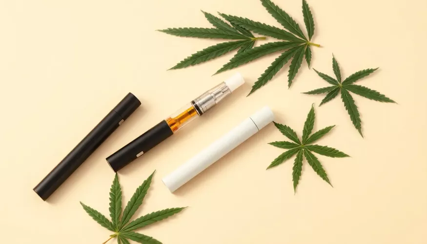 Moderner Cannabis Verdampfer und THC Vape auf einem eleganten Marmoruntergrund für stilvollen Konsum