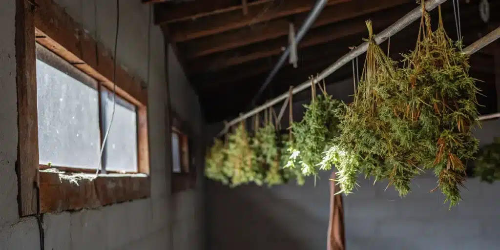 Professionelles Cannabis trocknen in einem dunklen Trockenraum für beste Qualität