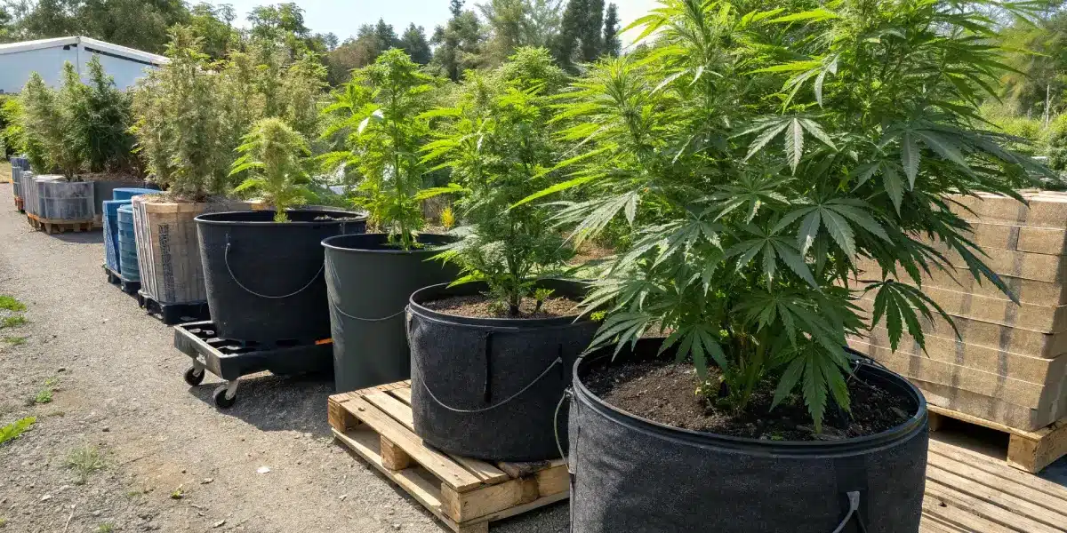 Vitale Cannabis Setzlinge in quadratischen Kunststofftöpfen bereit zum Umtopfen