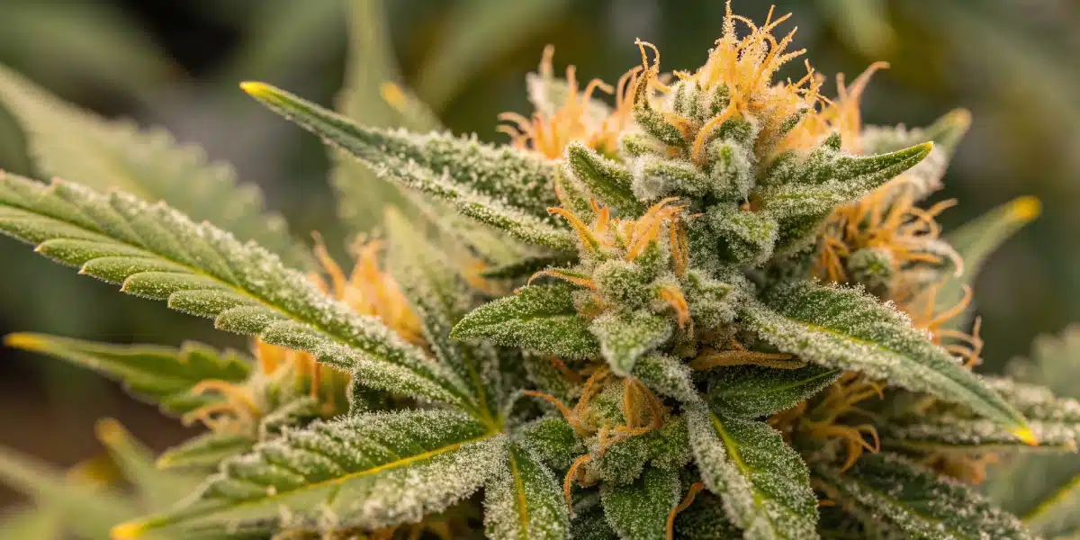 Super Lemon Haze Blüte aus nächster Nähe mit intensiv glänzenden Trichomen von Premium THC Store