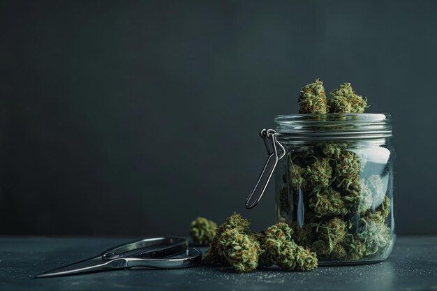 Getrocknete Premium Sativa Blüten in einem Glasbehälter umgeben von frischen Zitronenscheiben