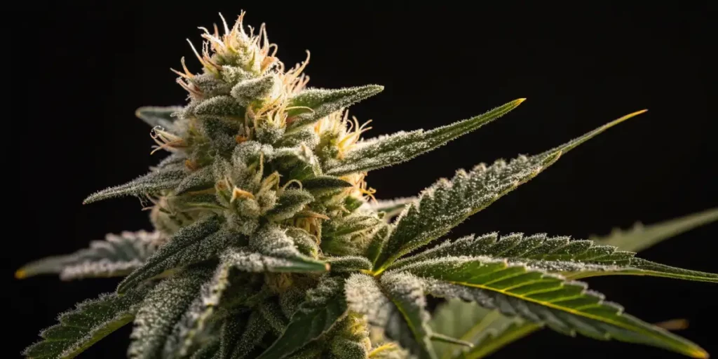 White Widow Blüte mit dichtem Trichombesatz, typisch für die White Widow Wirkung und ihr Sortenprofil