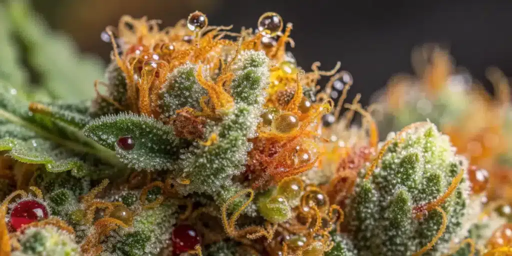 Tropicana Cookies Nahaufnahme mit sichtbaren Trichomen, lila und orangen Farbtönen – exotisches Blütenprofil einer Premium Sorte