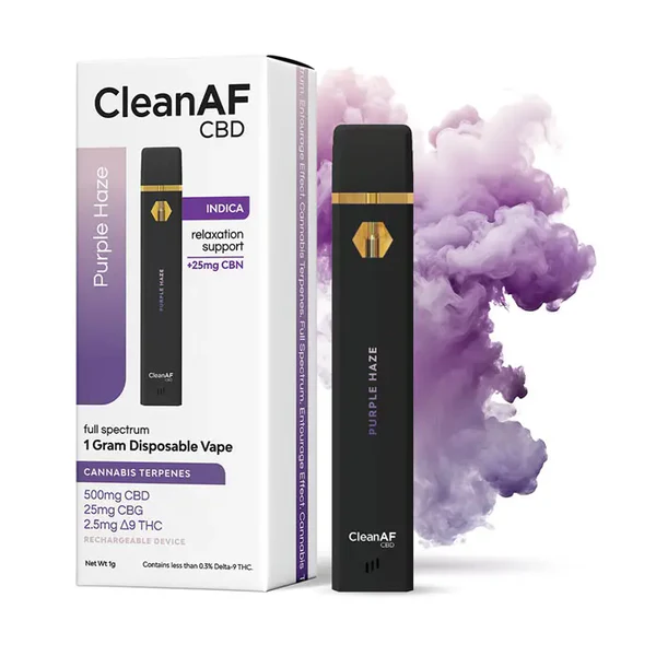 Einweg-Vape und Cannabis Produkte im Purple Haze Stil auf modernem Untergrund angeordnet