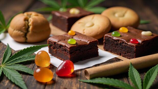Verschiedene THC Edibles wie Gummibärchen und Schokolade auf dunklem Hintergrund mit Cannabisblättern