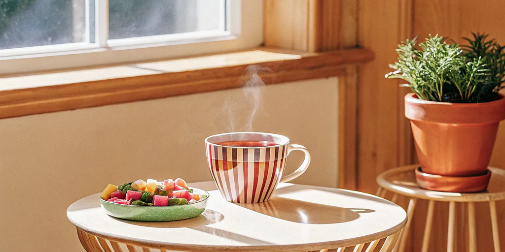 Person entspannt auf dem Sofa mit THC Gummibärchen und Tee auf dem Tisch als rauchfreie Edible Alternative
