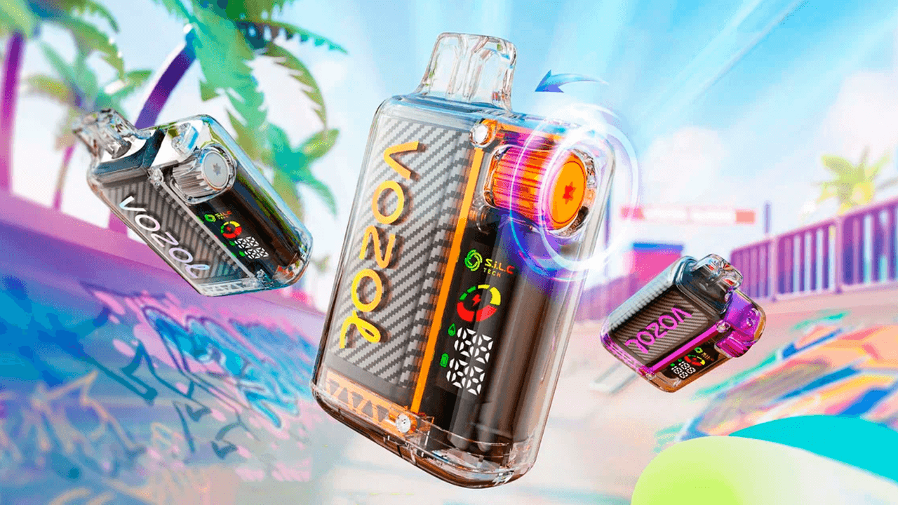 Vozol Vape Einweggerät auf modernem Untergrund mit bunten Aromaprodukt-Verpackungen