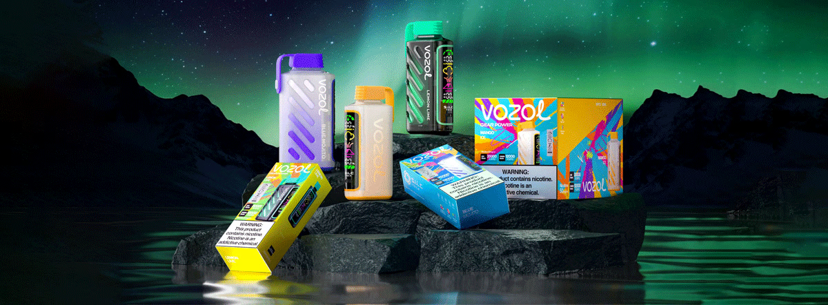 Mehrere Vozol Vape Aromenprodukte nebeneinander mit bunten Verpackungen im Premium THC Store Sortiment