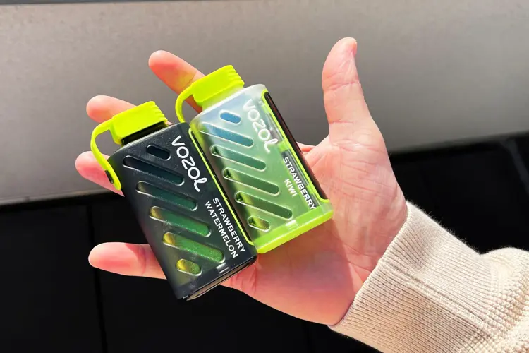  Person hält ein Vozol Vape Einweggerät entspannt in der Hand in urbanem Umfeld