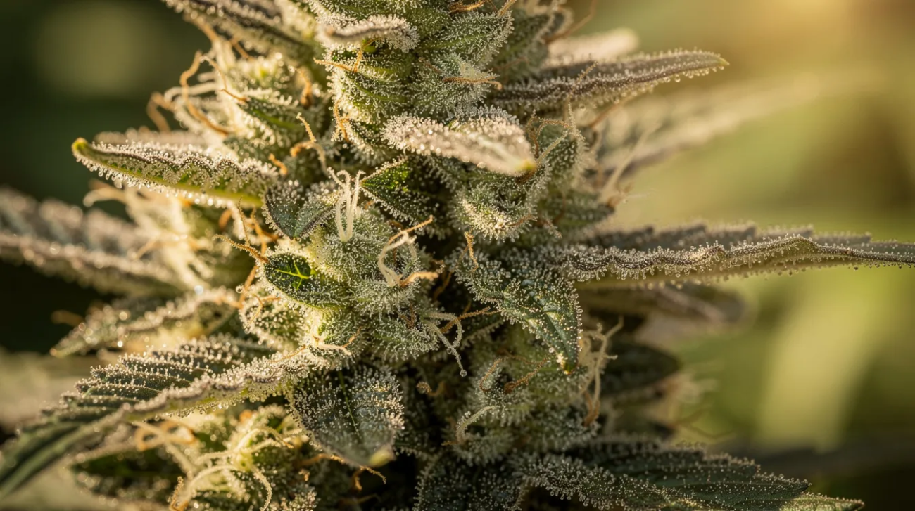 Premium Marihuana Blüten mit glänzenden Trichomen im Detail
