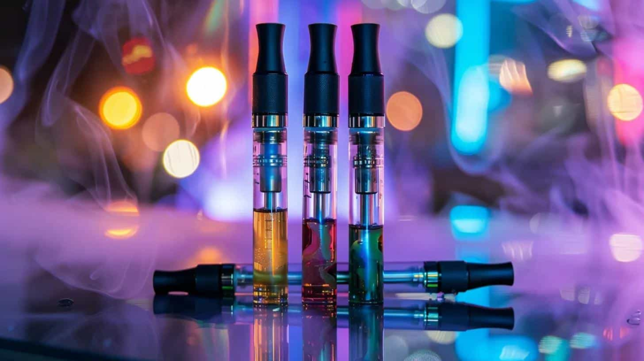 Exklusive Cannabis Produkte wie Einweg-Vapes und Esswaren stilvoll präsentiert