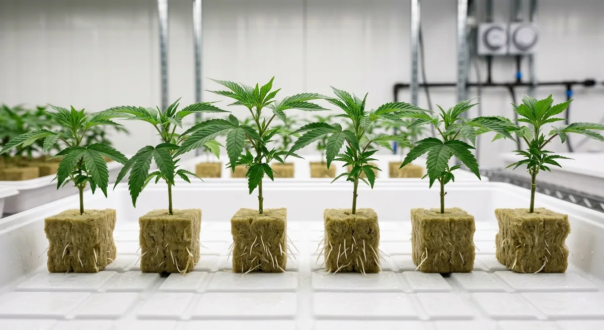 Gesunde Cannabis Stecklinge mit kräftiger Wurzelbildung für die Pflanzenzucht