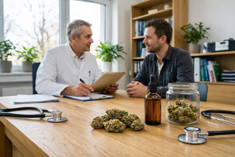 Cannabis Rezept auf einem Schreibtisch neben medizinischen Cannabisblüten