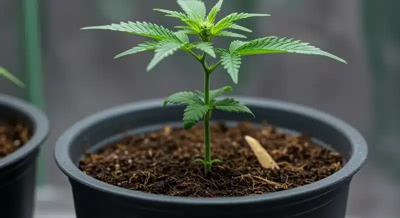 Cannabis Setzlinge in kleinen Töpfen unter sanfter Beleuchtung für optimales Wachstum