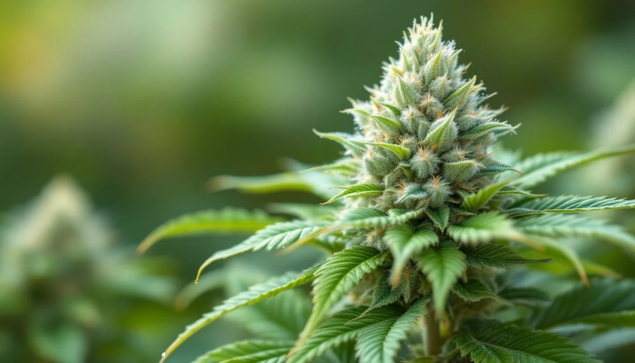 Die legendäre Cannabis Sorte White Widow als getrocknete Knospe mit einer dichten Schicht glänzender Trichome