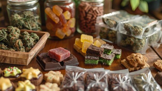 Verschiedene Edible Produkte wie Gummibärchen, Schokolade und Kekse mit Cannabis-Blättern auf weißem Hintergrund